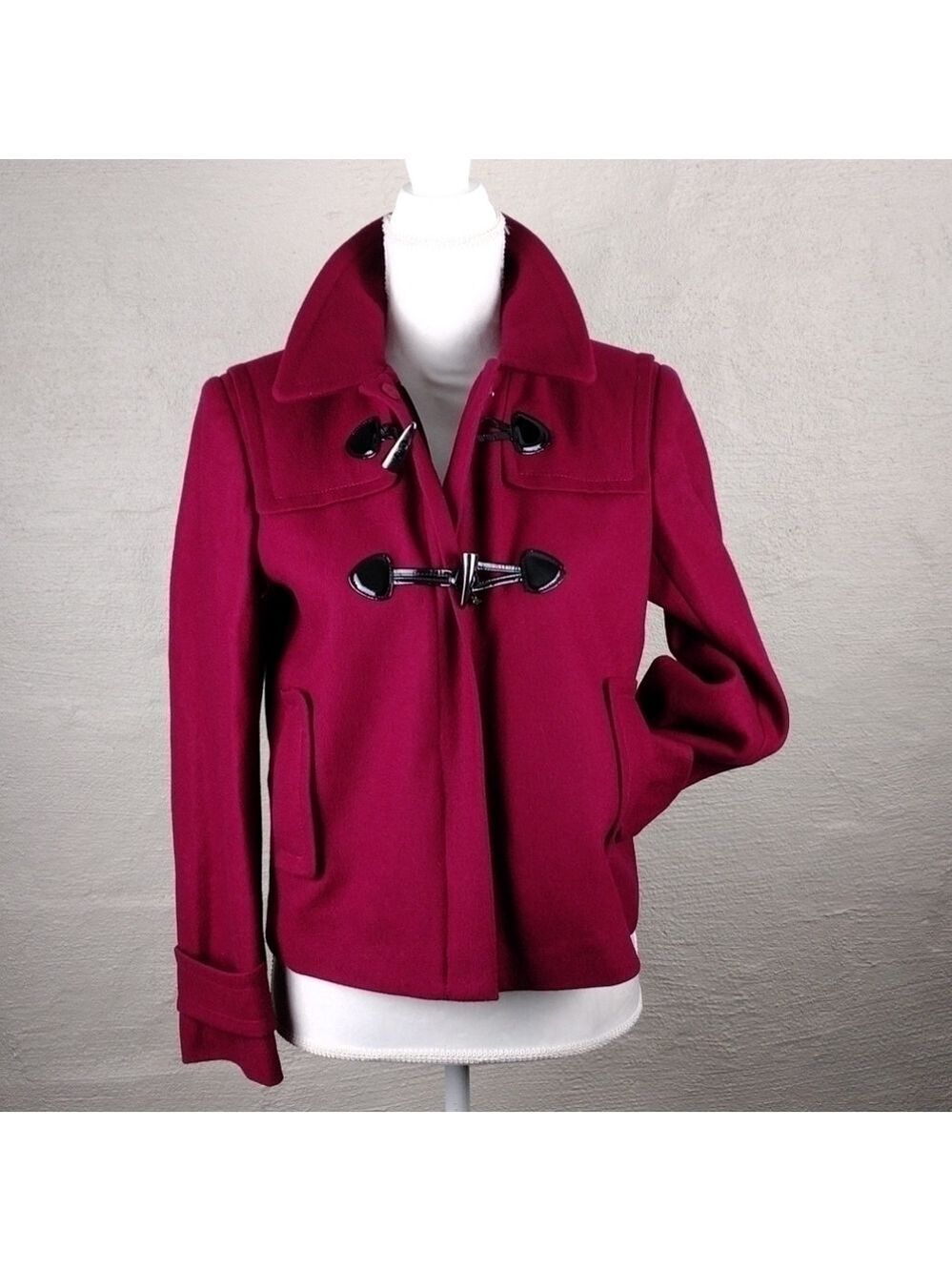 Calvin Klein Berry Wool Pointed Collar Long Cuffed Sleeve Toggle Zip Up Coat - Picture 15 of 15